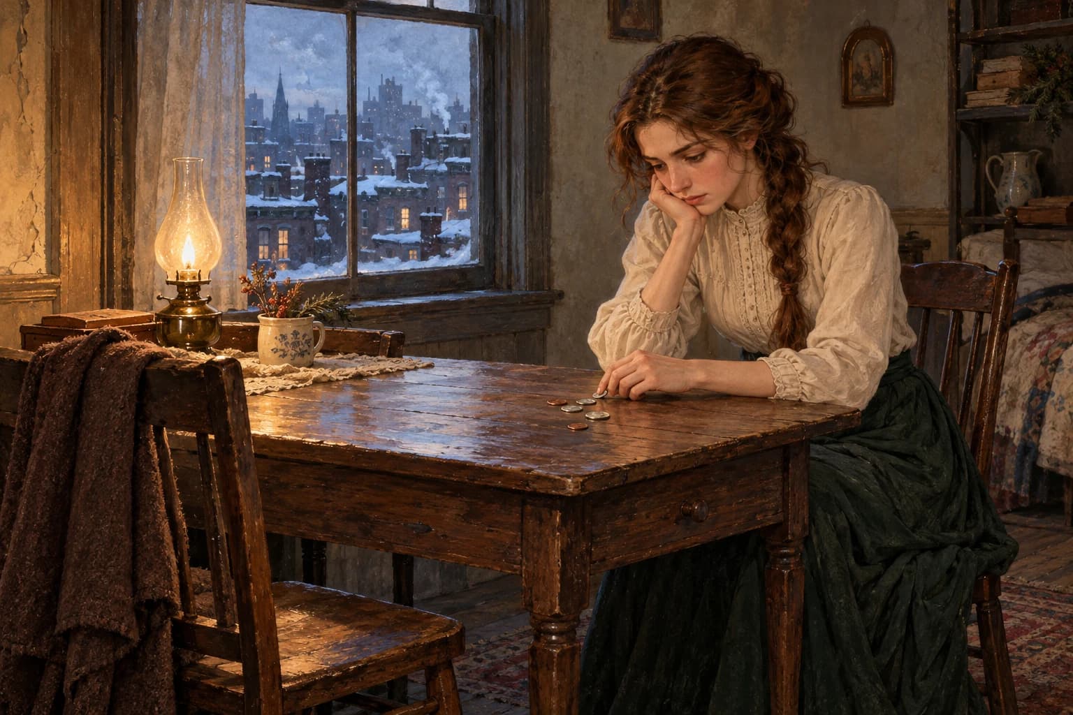 Della counts a few coins at a worn wooden table in their small New York apartment.