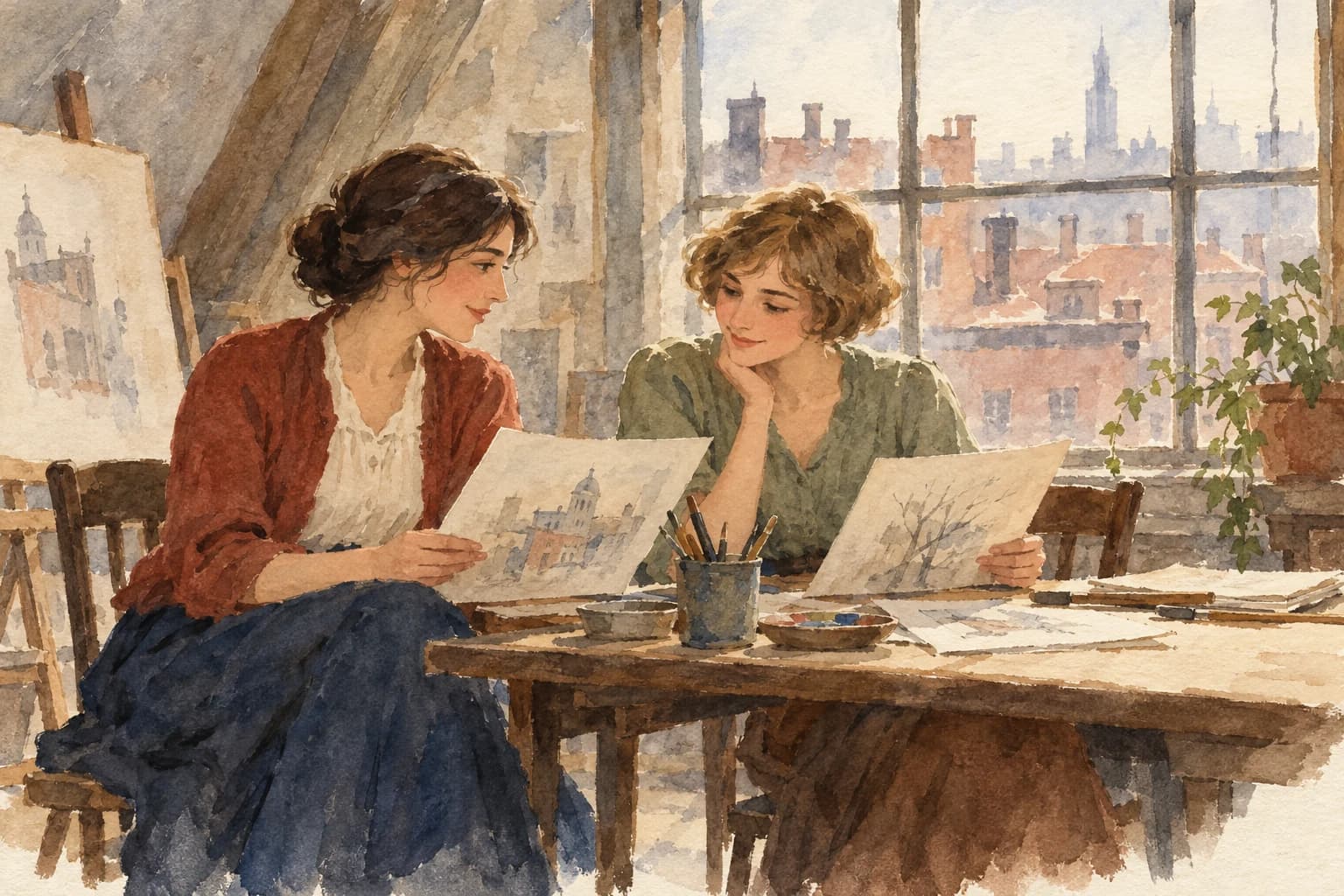 Sue and Johnsy share sketches in their modest Greenwich Village studio.