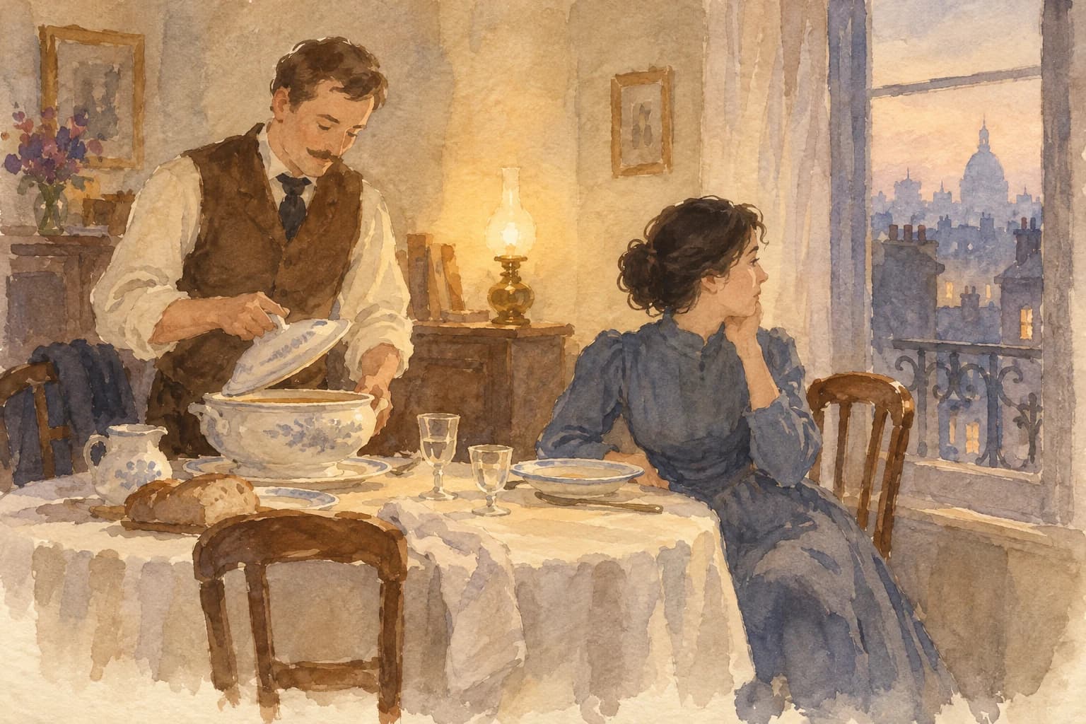 Mathilde looks towards the window as her husband serves soup in their modest Paris home.