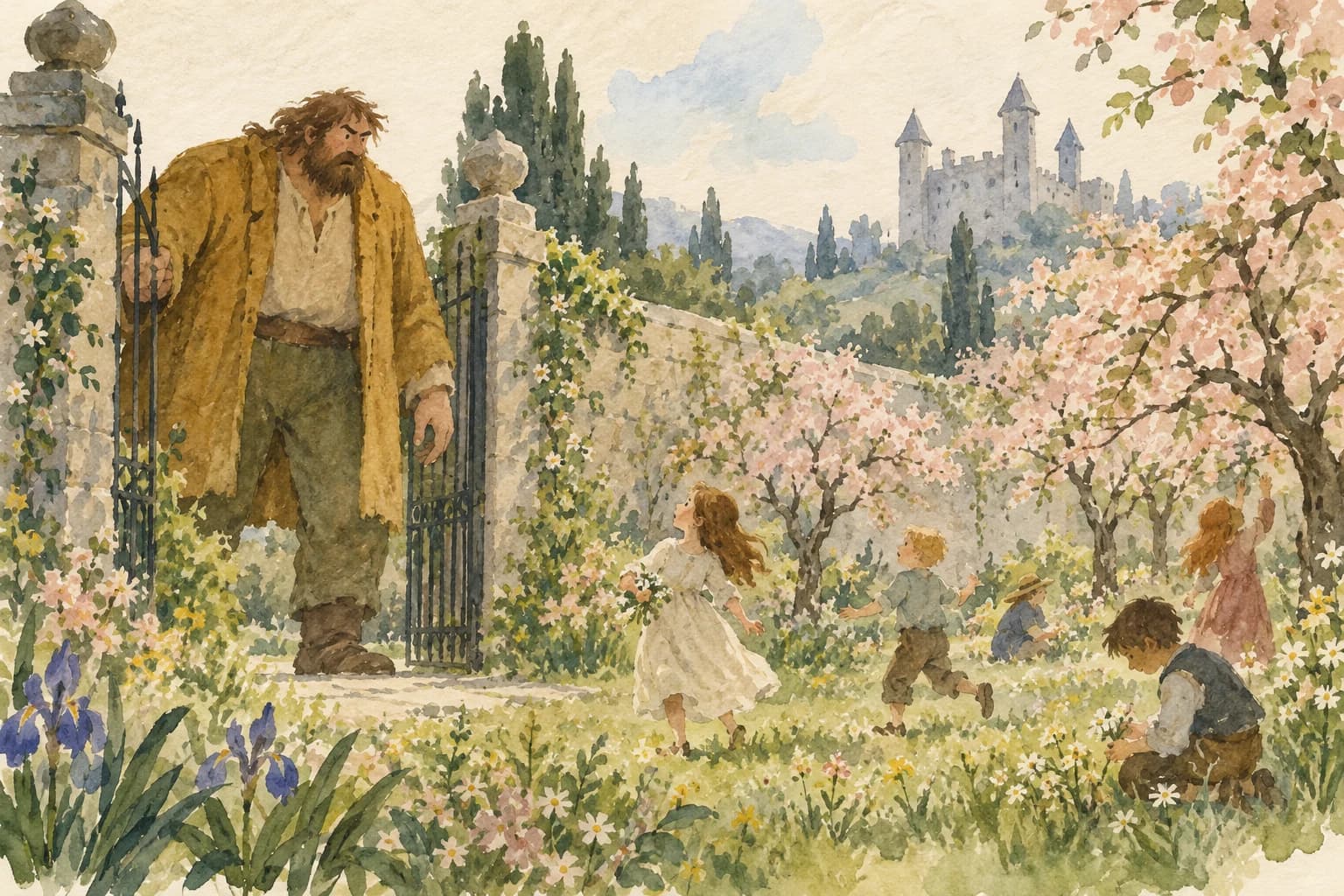 The giant returns to find children playing among the peach trees in his garden.