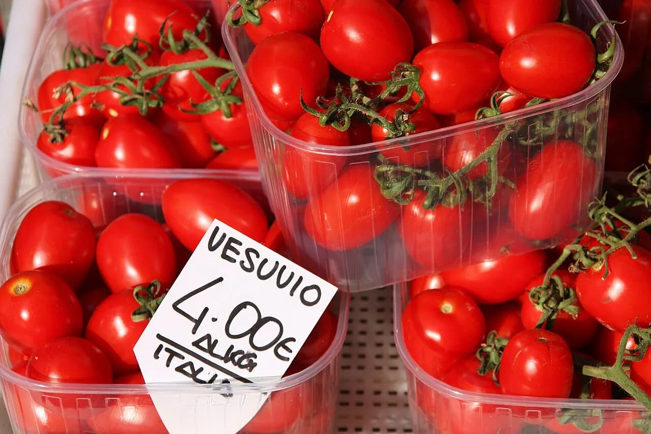 Pomodori rossi in vaschette al mercato di Bologna.