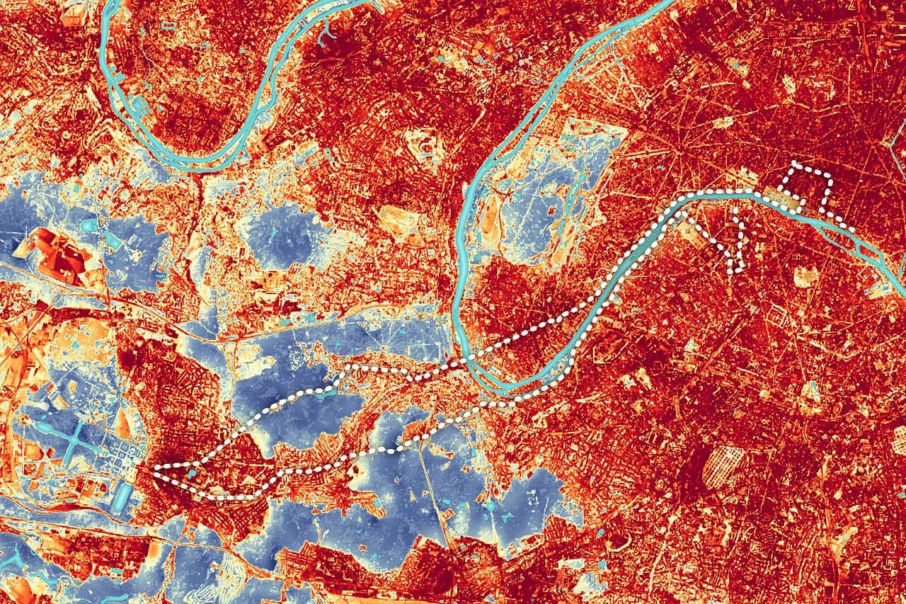 Mappa termica dell’area di Parigi, con colori diversi per la temperatura superficiale.